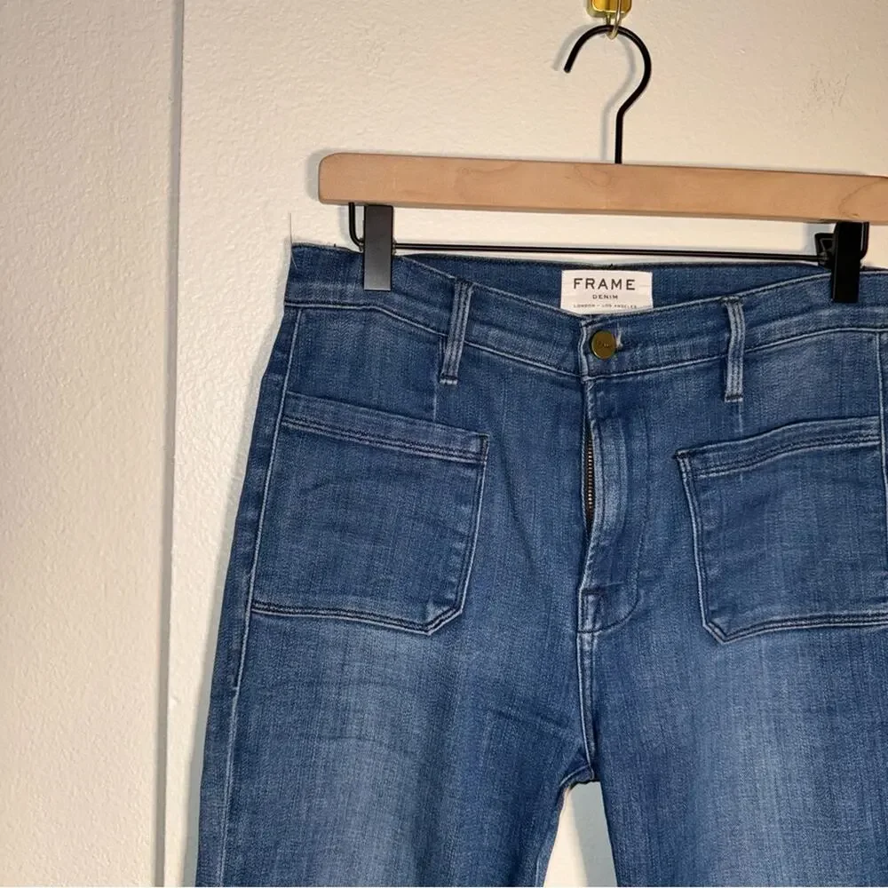 FRAME 70s style designer exposed pocket raw distressed hem flare denim jeans 27